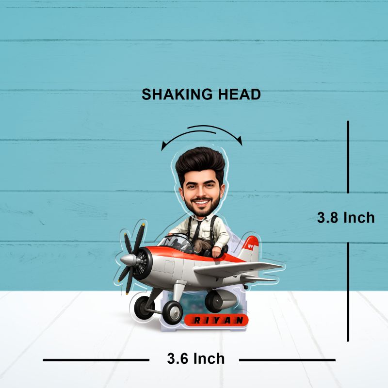 Personalized Airplane Pilot Bobblehead Caricature Custom with Face Cutout & Name Gift for Gift for Pilot & Airplane Lovers Car Dashboard & Home Decor Battery Powered Moving Head Feature